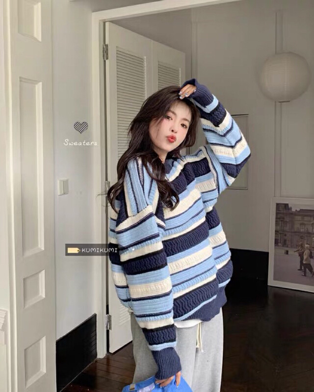 【Ouzhengsha】 Contrast color stitching striped warm sweater 19185# JJ
