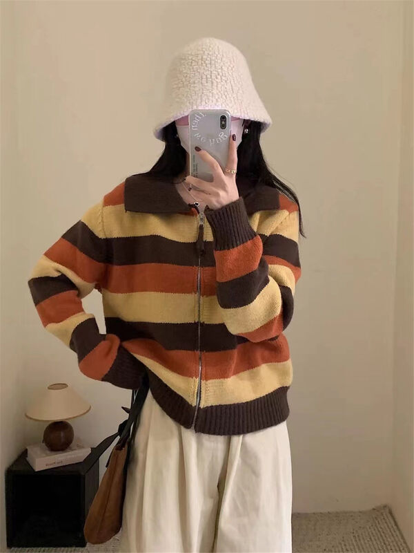 New in winter! [ARE YOU] zipper stripe comfortable loose warm sweater 535# L