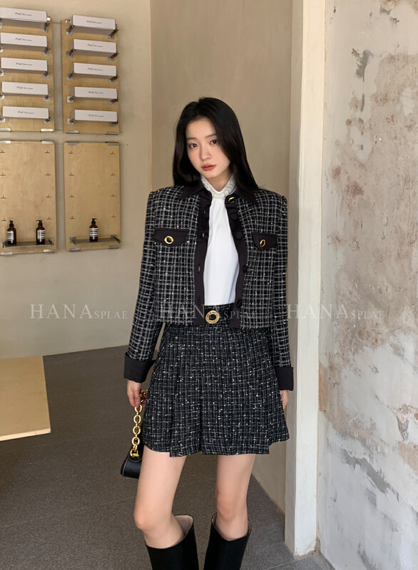 [HANNA Hanna] Xiaoxiangfeng short coat women's stitching lapel elegant temperament top short coat (with tie) H10658# JHY