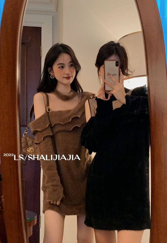 【LS】Fashion Mesh Hollow Off Shoulder Sweater Dress 60200