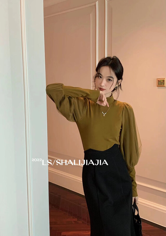 [LS] Korean mesh stitching half turtleneck bottoming shirt 60203