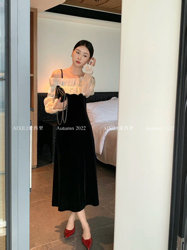 [AIXILI Aixili] One-shoulder and chiffon collar slim dress dress temperament style 7211