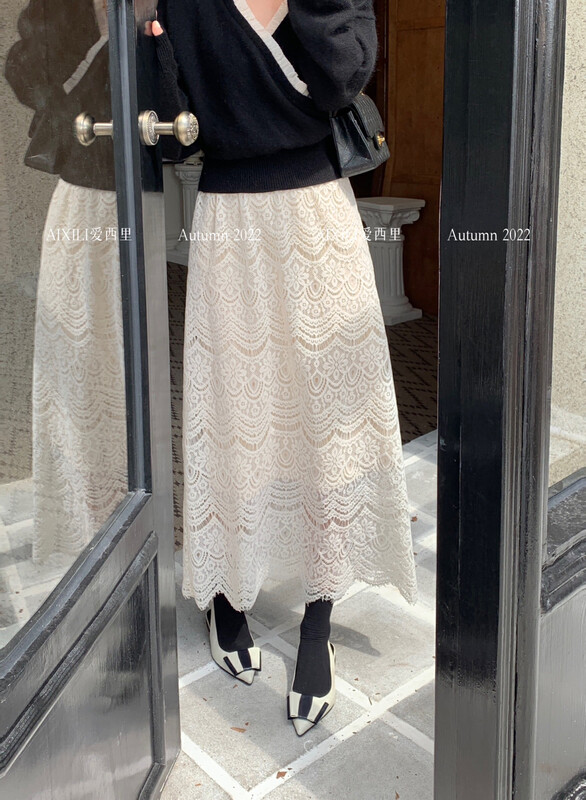 [AIXILI Aixili] Lace is thin and solid color mid-waist skirt and skirt knitted 7608