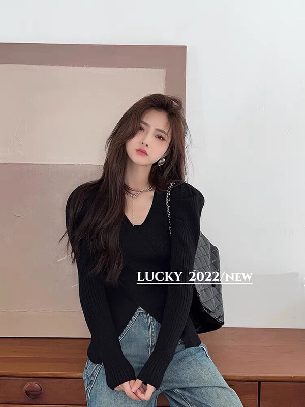 New in winter! [LUCKY] Irregular v-neck cross shirt 9612# ZXX