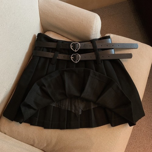 Real auction real price autumn and winter fashion all-match hot girl woolen pleated skirt double belt