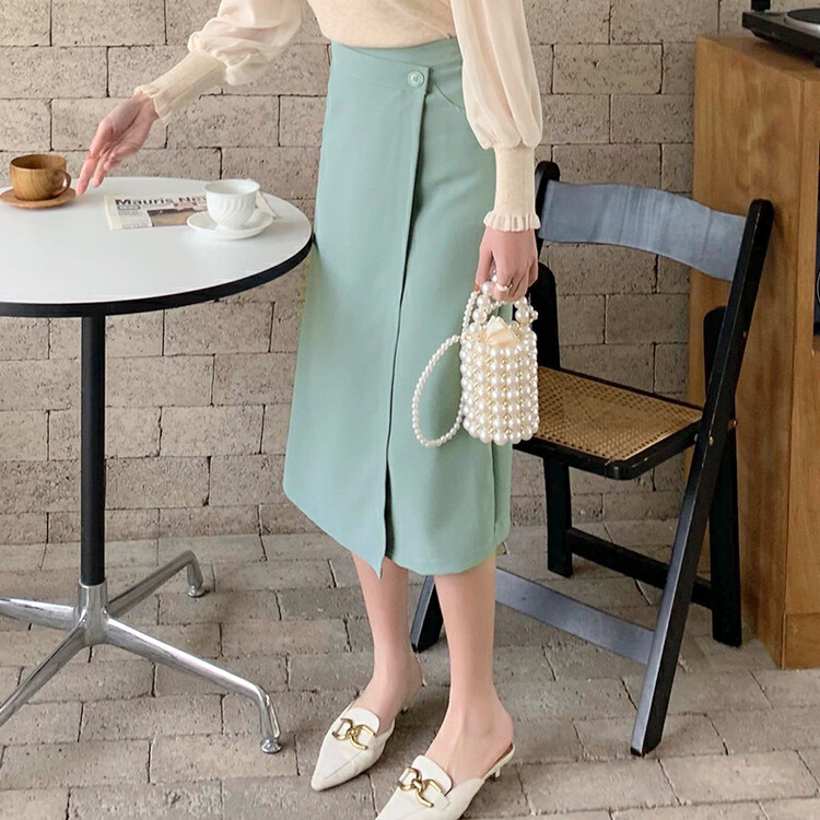 [HANNA Hanna] White-collar fan over-the-knee skirt half elastic waist temperament mid-length skirt 6130