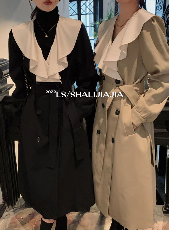 [LS] Hepburn style waist double-breasted fashionable windbreaker (with waist rope) 8578