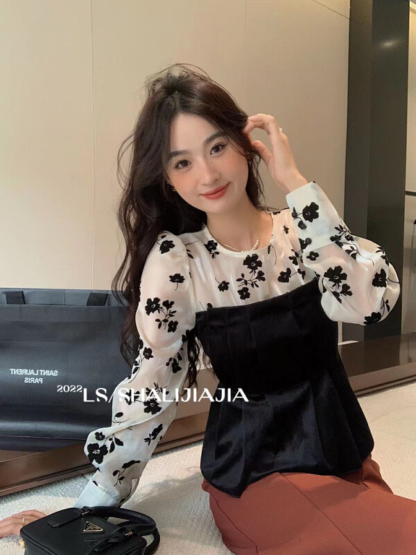 [LS] Retro floral stitching velvet shirt 9721