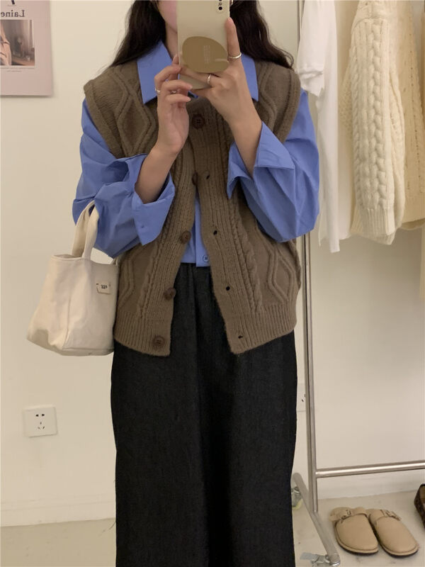 New in winter!【ARE YOU】Round Neck Sleeveless Single Breasted Vest 360# L