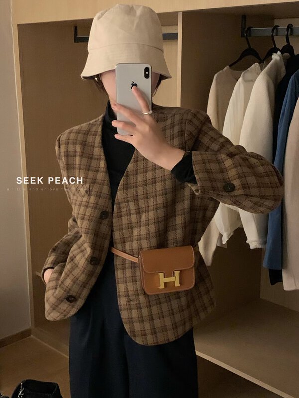 New in autumn! [SEEK PEACH] V-neck single-breasted plaid fashion short coat 5820# L