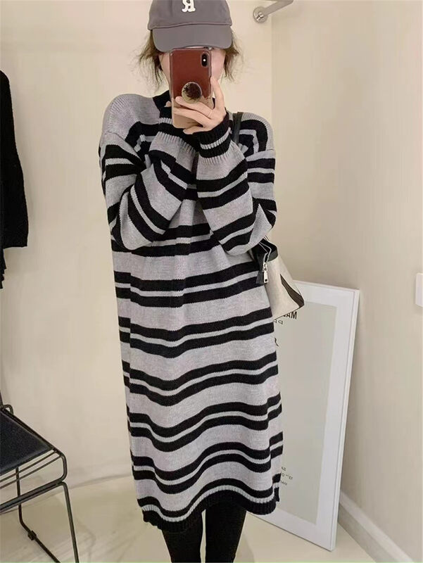 New in winter!【ARE YOU】Loose Striped Comfortable Versatile Dress 531# L
