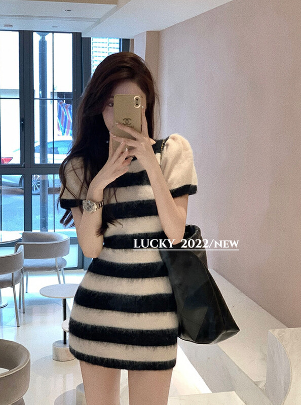 【LUCKY】Slim striped knitted dress (with sweater sleeves) 9628# ZXX