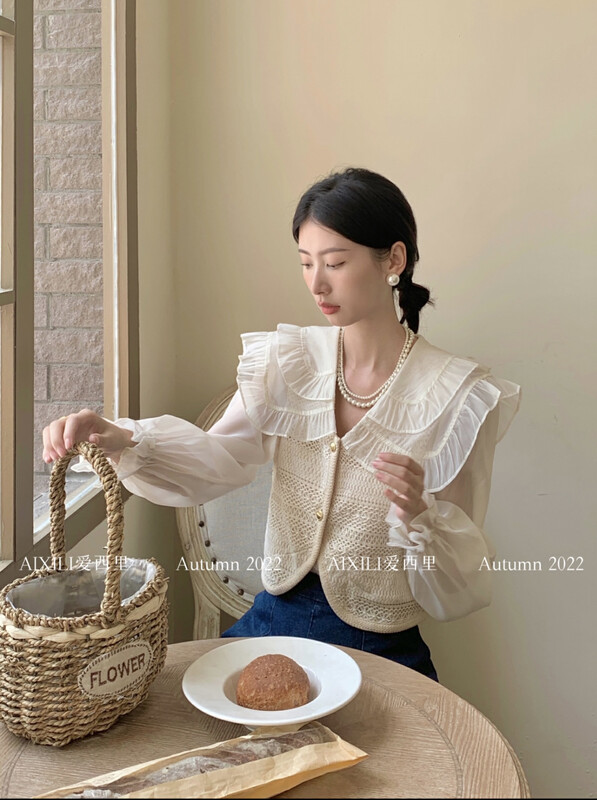 [AIXILI Aixili] lace stitching chiffon shirt small shirt is thin 7025-1