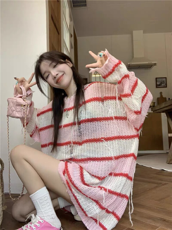 【F·P】Sweet and lazy style hollow fringed striped sweater M5813# HBX