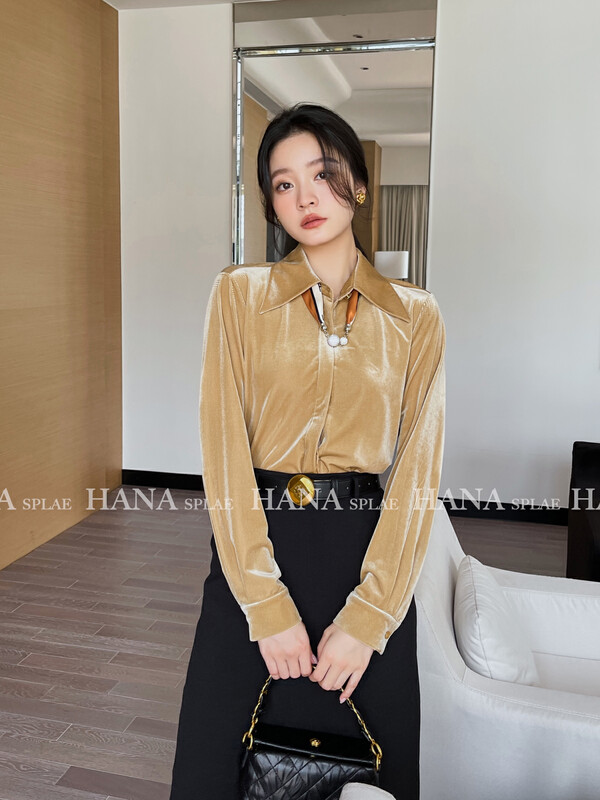 [HANNA Hanna] Fashionable temperament velvet shirt long-sleeved women's printed silk scarf top shirt (with chain) H10662