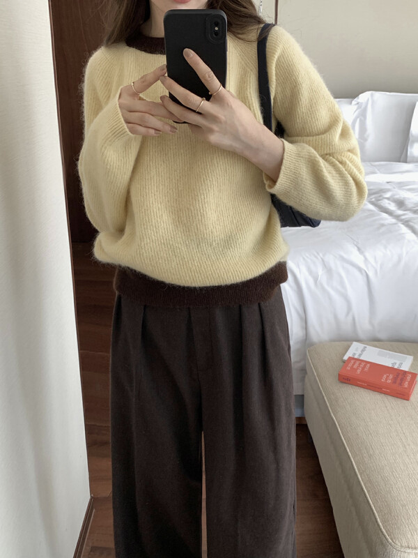 【T.G】Korean style round neck contrast color wool warm sweater 18701# CLS