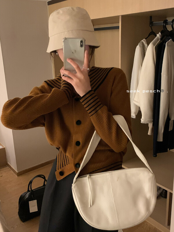 New in autumn!【SEEK PEACH】Single-breasted color-blocking comfortable knitted cardigan (including wool 33%) 1933# L
