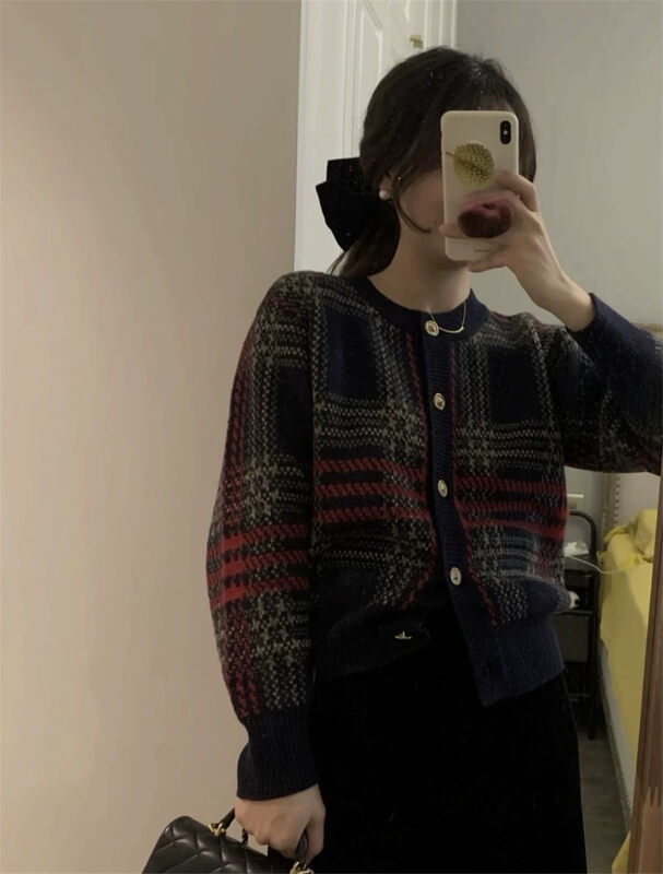 New in winter!【ARE YOU】Round Neck Single Breasted Colorblock Warm Sweater 529# L