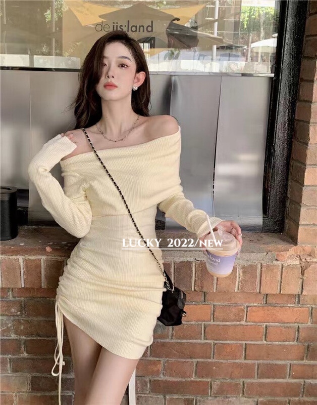 【LUCKY】French one-shoulder pleated drawstring dress 9584# ZXX