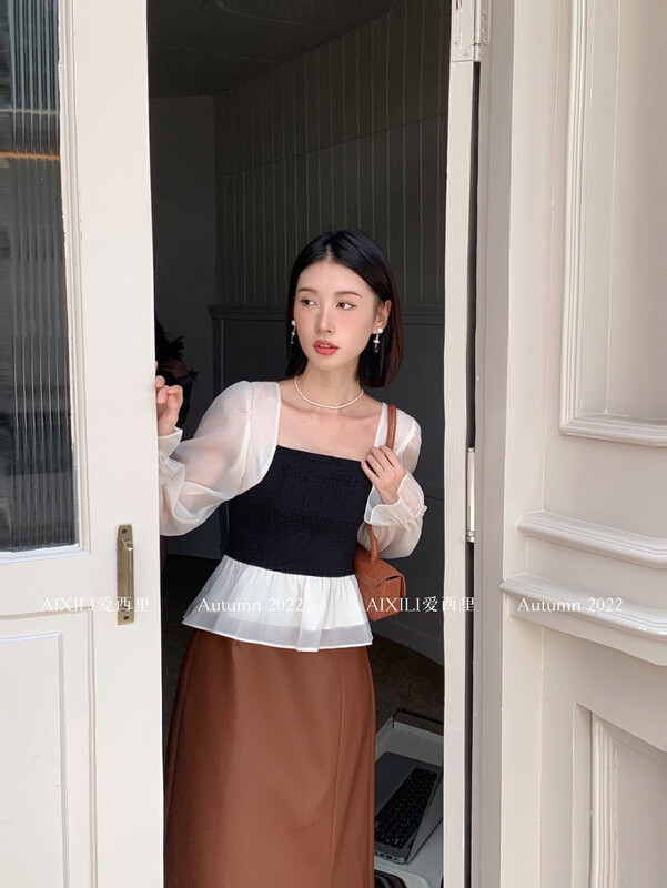 [AIXILI Aixili] Square neck tie with chiffon shirt shirt pleated 7292