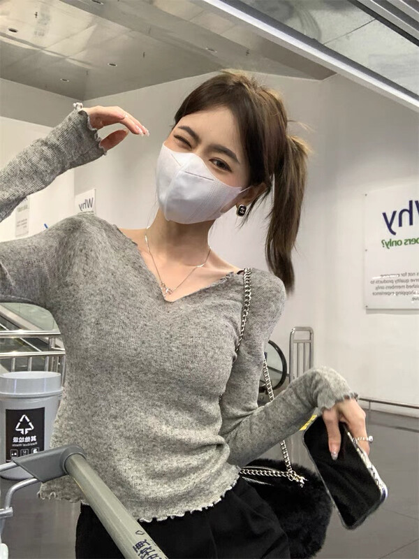 New for winter!  【F·P】 Sweet V-neck Fungus Edge Solid Color Knit Sweater 60121# HBX