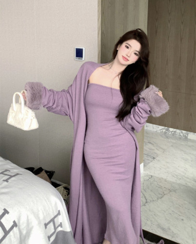 Real price real shot Dublin late autumn temperament suit tube top dress furry sleeve mid-length coat