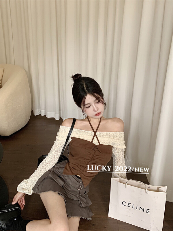 Autumn is new!【LUCKY】One-word neck strapless drawstring stitching small shirt 9562# ZXX