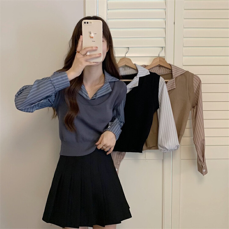 New in winter! [F·P] stitching fake two-piece long-sleeved sweater J153# HBX