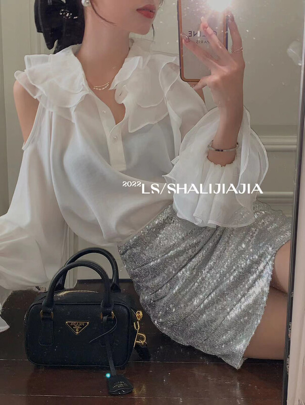 [LS] Design niche off-shoulder chiffon shirt 9707