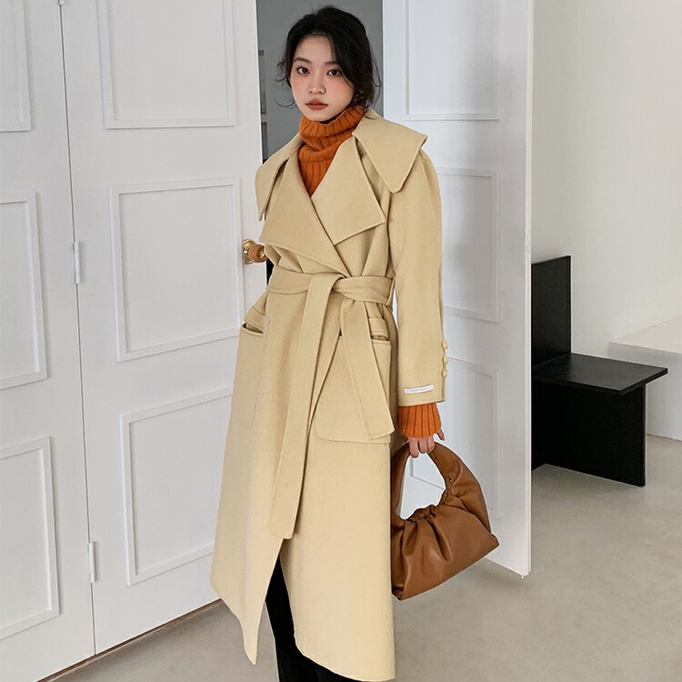 [HANNA Hanna] Large lapel double-sided woolen coat women's 100% wool coat coat (with belt) H6612