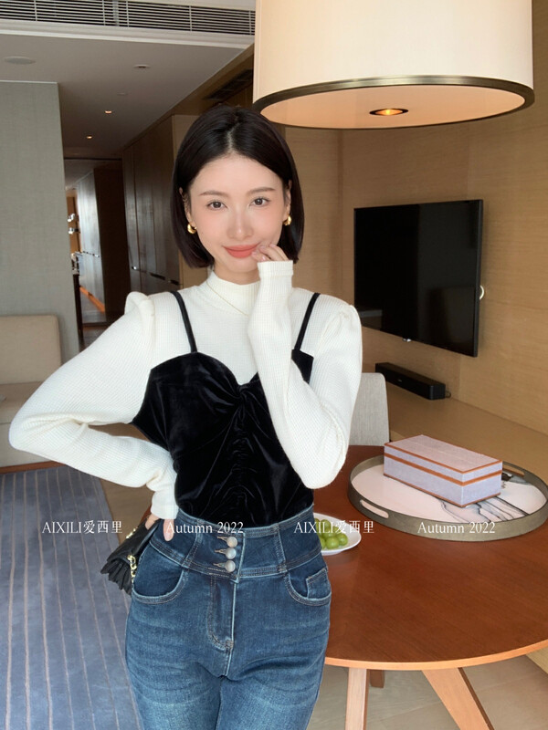 [AIXILI Aixili] Small stand-up collar temperament color matching design is thin, small shirt, small shirt, small woman 7599