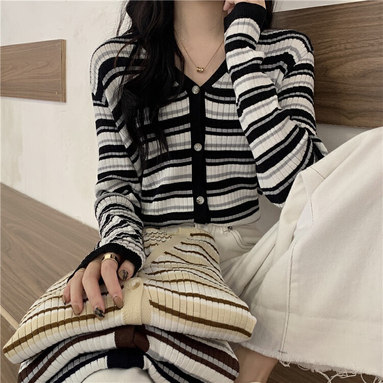 New in early autumn!【F·P】Korean striped breasted knitted cardigan F132# HBX