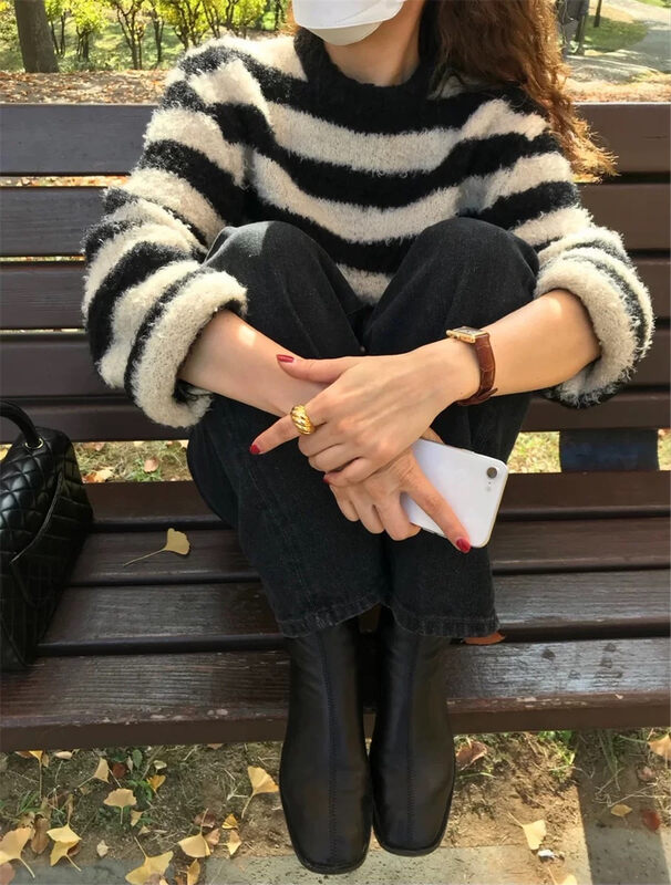 New in winter!【ARE YOU】Loose Pullover Striped Comfortable Warm Sweater 563# L