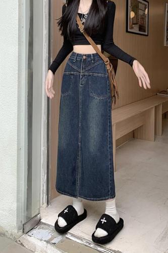 Real shot denim skirt women's autumn and winter  new design sense long skirt high waist thin slit a-line skirt