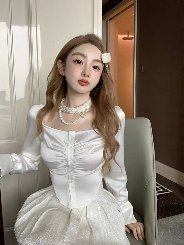 [Amanda] Temperament Pearl Halter Neck Versatile Slim Shirt (Only Shirts) 8840# PCZ