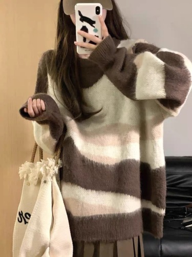 Lazy style contrast color striped milk fufu sweater women's autumn and winter milk wear fashion loose soft waxy top