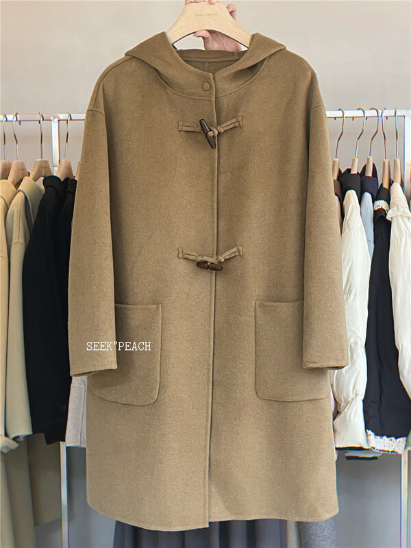 【SEEK PEACH】Comfortable and versatile hooded wool coat with horn buckle (100% wool included) 7712# L