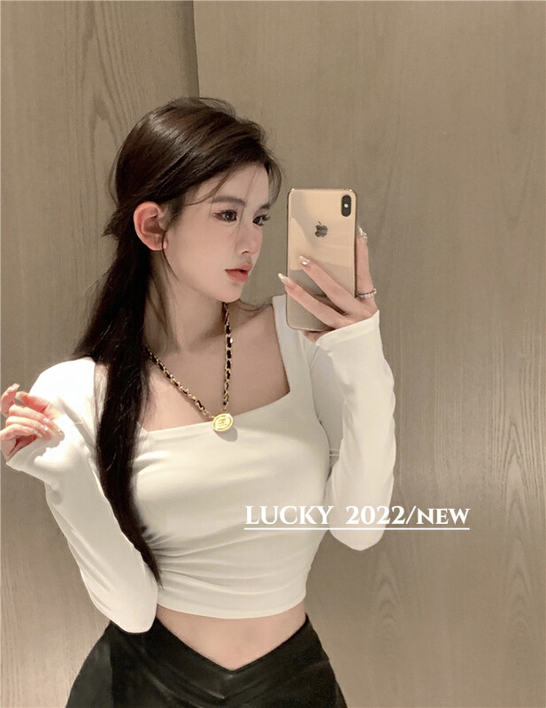 【LUCKY】Pure Desire Hot Girl Square Collar Slim Short Shirt (with Chain) 9539# ZXX