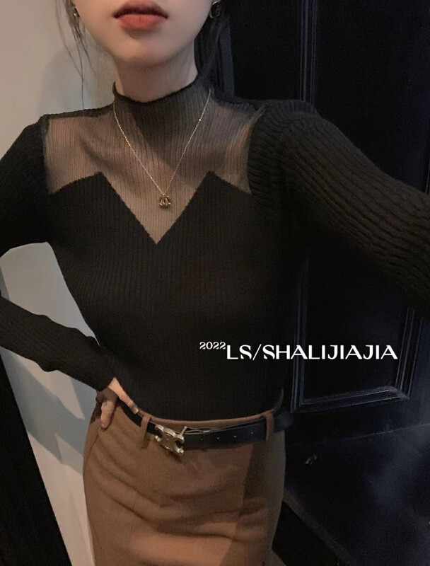 [LS] Western-style mesh stitching half turtleneck sweater M2023
