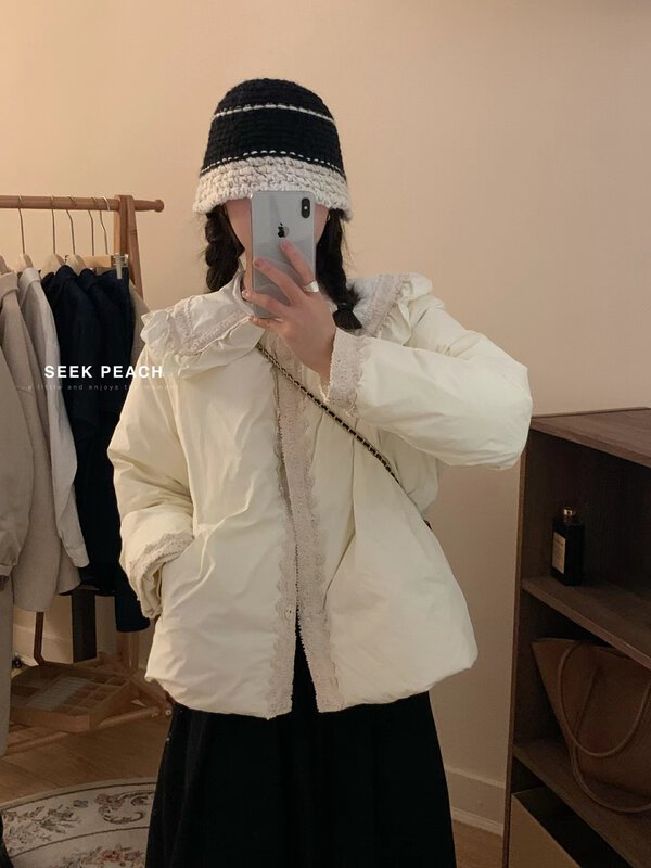 New in winter! [SEEK PEACH] stitching fashion Korean all-match warm down jacket (including white duck down 90%) 5795# L