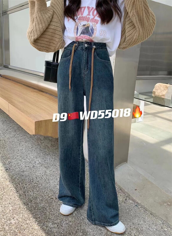 New in autumn! [X2 square] drawstring comfortable all-match high waist jeans WD55018# L