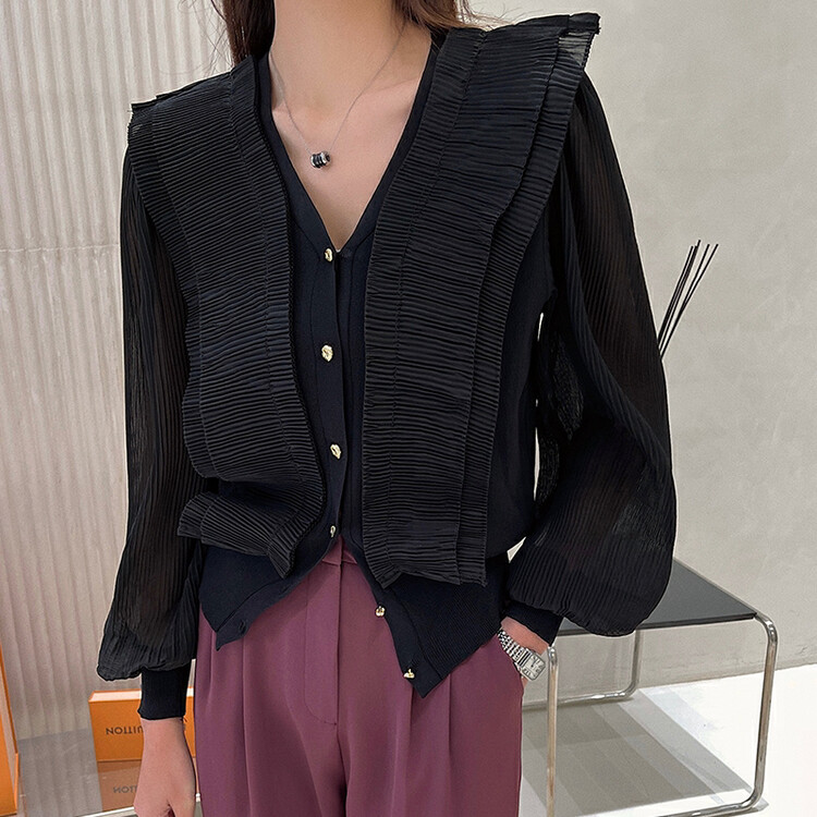 [HANNA Hanna] V-neck lantern sleeve knitted sweater pleated stitching temperament sweater cardigan women's knitted cardigan H6378