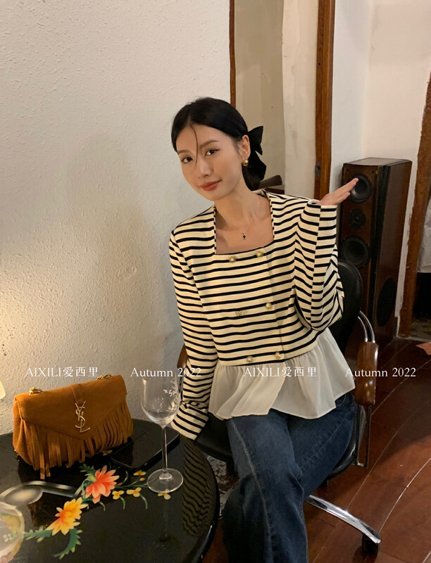 [AIXILI Aixili] Square-neck striped double-breasted small shirt stitching 7397