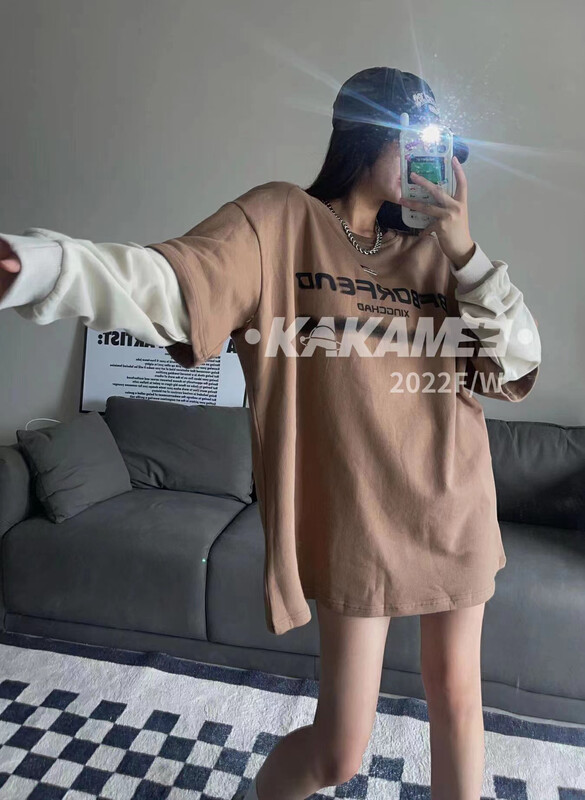 [KAKAMEE] American retro fake two letter T long-sleeved T-shirt 5182