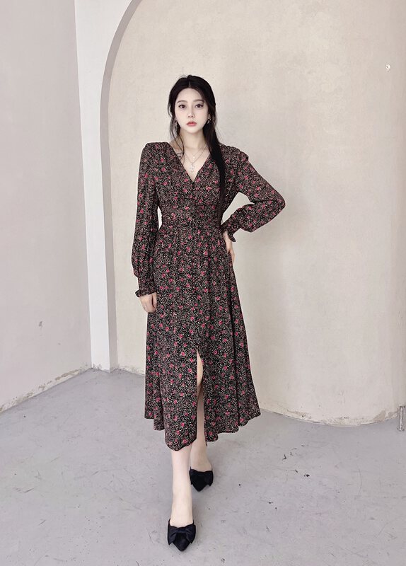 Autumn is new! [MI2 (N: AA)] Floral pleated long-sleeved dress E9485# JJ