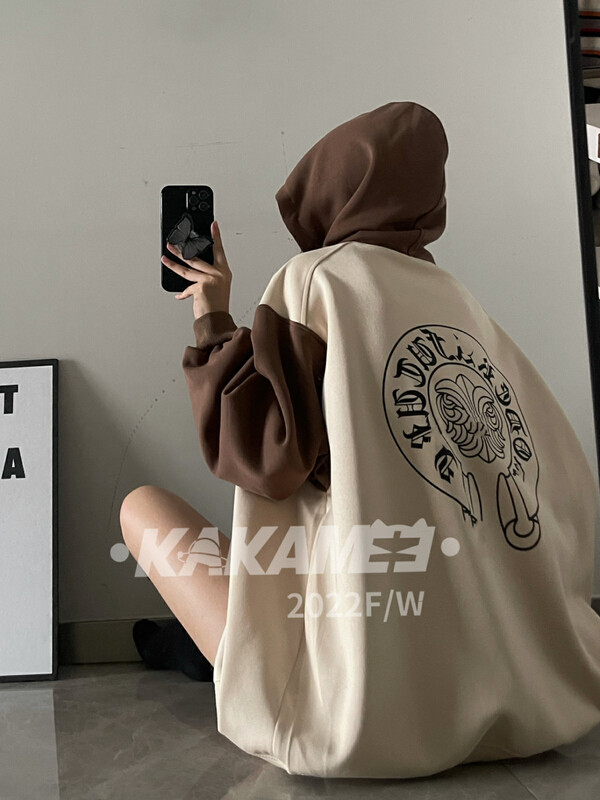 [KAKAMEE] 2022 new high street fashion brand Sanskrit font print hooded sweater loose and casual all-match slimming S806