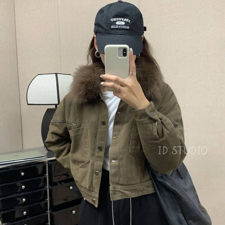 【I-D】Korean version all-match fleece short jacket (with detachable real fur fox fur collar) R8550# L