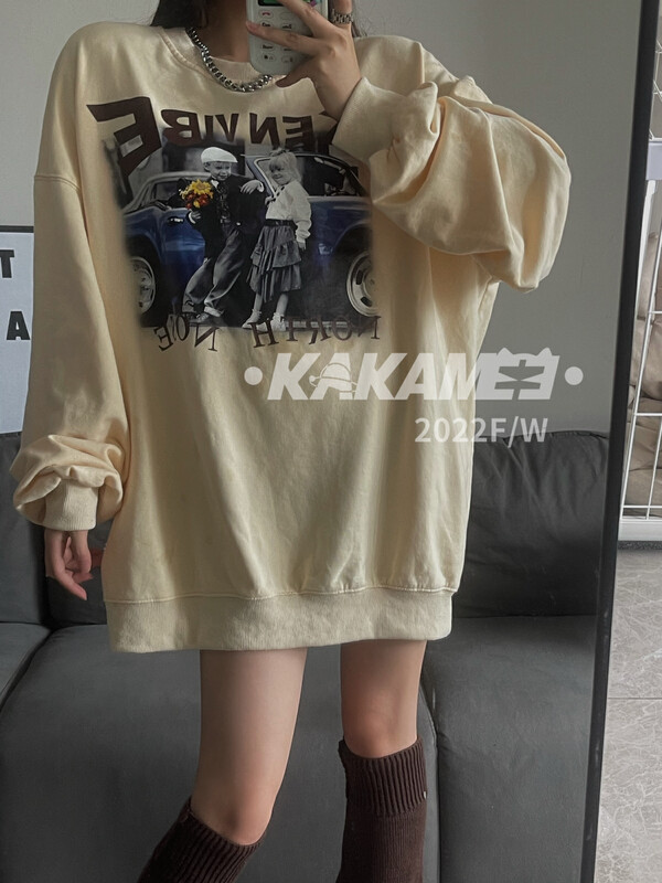 Original price 88.99! [KAKAMEE] Autumn new American retro old and old printed front and rear loose sweater casual large version slim and versatile S696