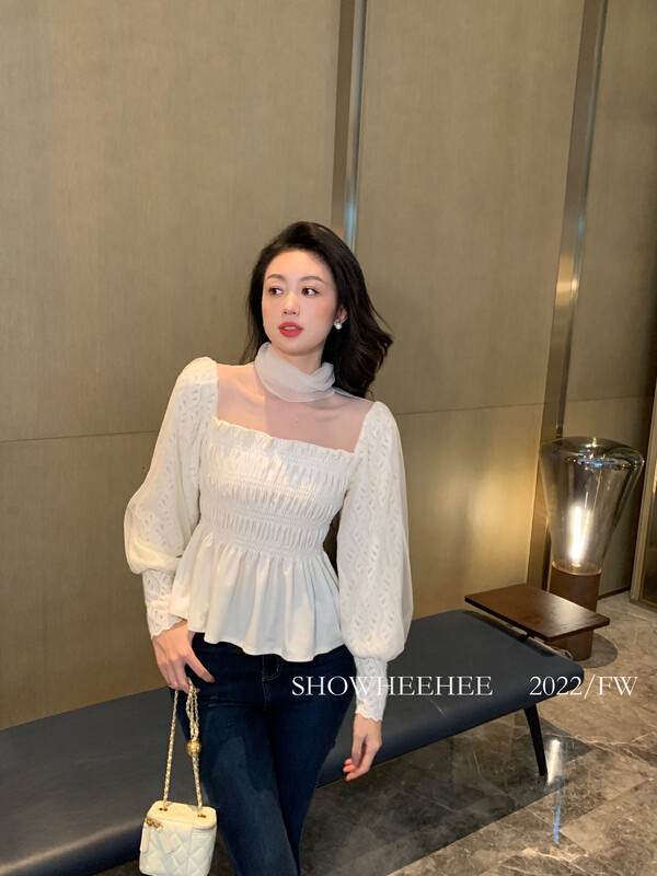 【Xiu Xixi】French temperament thickened brushed lace and soft yarn double-layer sleeves hollowed-out semi-high collar with a small shirt 9321# JHY