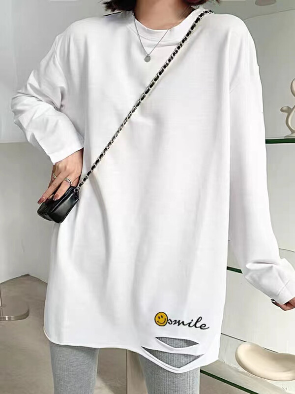 New in autumn! [TA+] round neck all-match embroidered long-sleeved T-shirt A6721# L